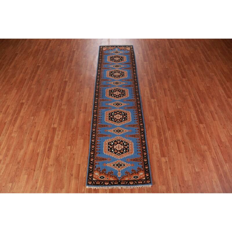 Hand Knotted Oriental 100% Wool Carpet Traditional Geometric Navy Blue & Blues Viss Runner Rug - 9' 8'' X 2' 6''