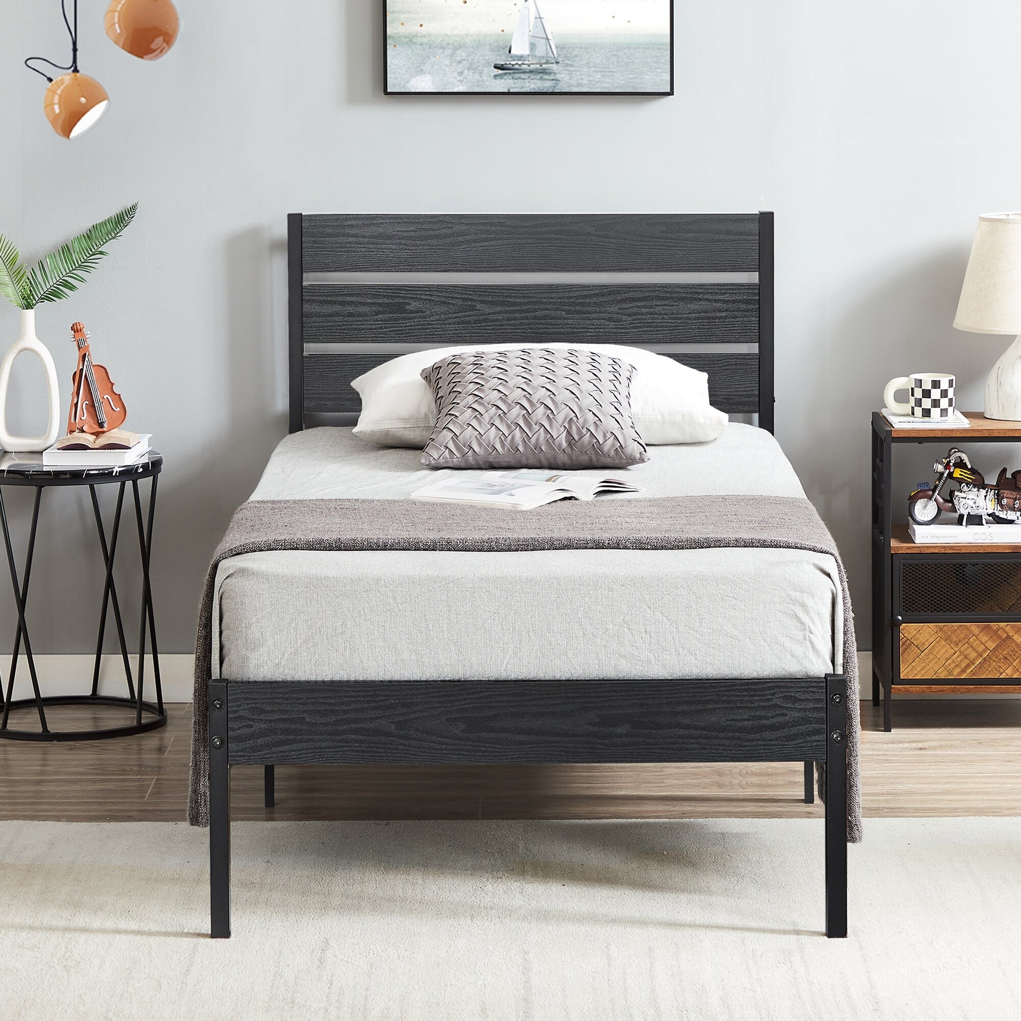VECELO Industrial Wood Bed with Headboard Twin Size Beds Full