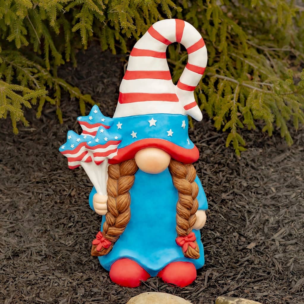 Magnesium Garden Gnome Girl Holding American Flag Stars
