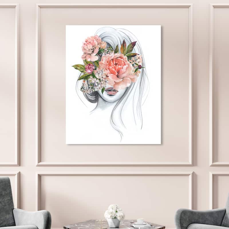 Wynwood Studio Fashion and Glam Sketch of the girl Orange and Peach Traditional Wall Art Canvas Print - 54 x 36