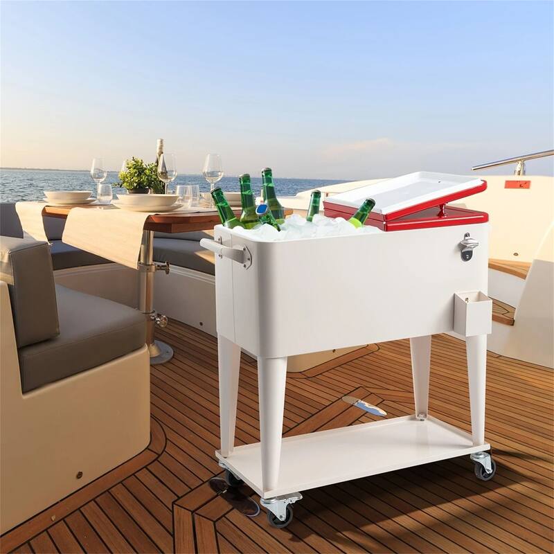 80 Quart Portable Rolling Cooler Cart with Shelf & Bottle Opener - Milky white