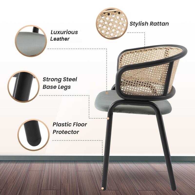 LeisureMod Modern Leather Dining Chair with Wicker Back & Black Steel Frame - Accent Side Armchair for Home Furniture