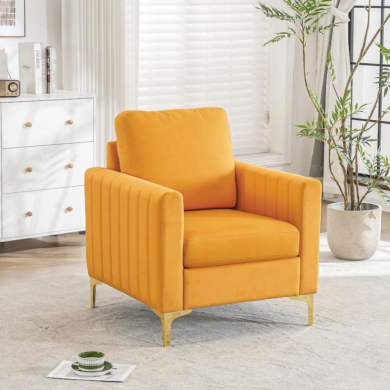 Modern Velvet Accent Chair for Living Room & Bedroom Comfy Reading Armchair with Gold Metal Legs - Mustard