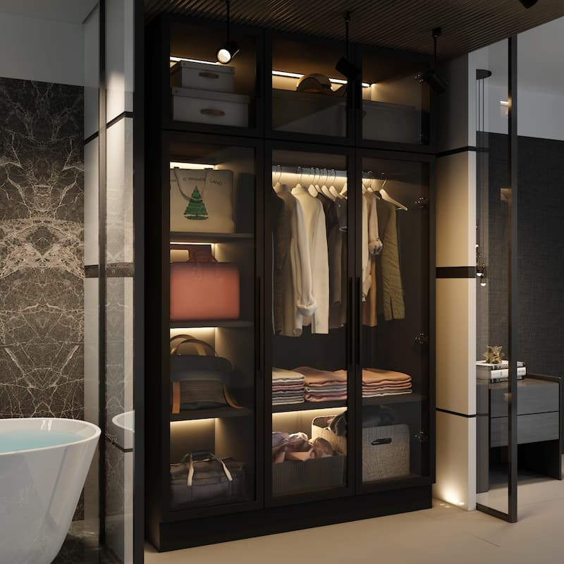 47.2" Wide Armoire LED Light All Glass Door Closet Cabinet Wardrobe