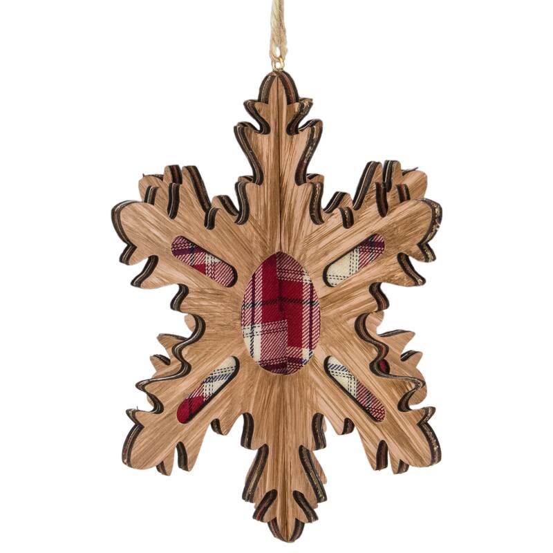 7-Inch 3-D Faux Wood Red Plaid 10 Point Snowflake Christmas Ornament