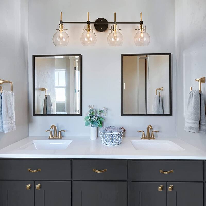 Isha 4-Light Bathroom Black Gold Vanity Lights Modern Wall Sconce with Clear Glass