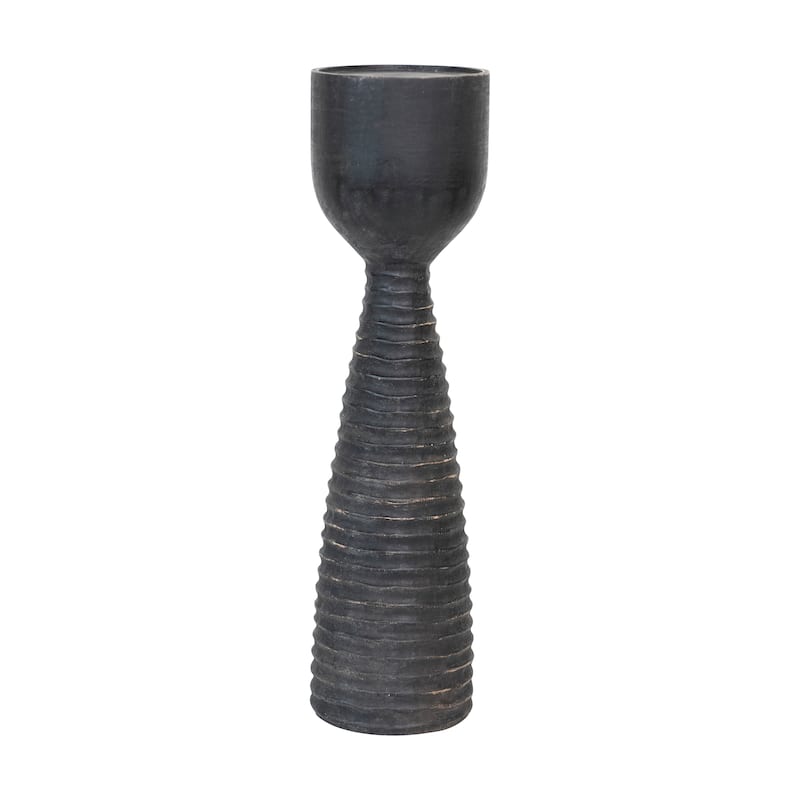 Hand-Carved Mango Wood Ribbed Candle Holder - 5.0"L x 5.0"W x 20.0"H - 5.0"L x 5.0"W x 20.0"H - Black
