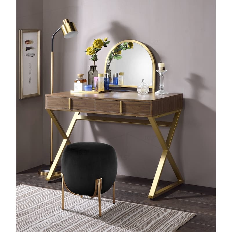 Versatile Vanity Desk with Mirror and Jewelry Tray for Stylish Organization - Gold and Walnut