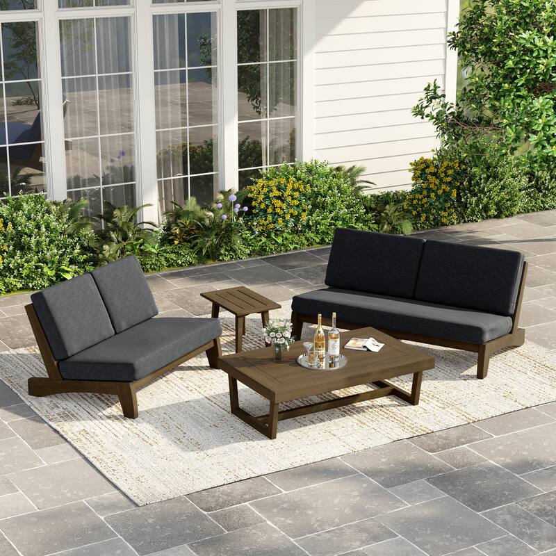 Casual Teak Outdoor Patio Conversation Set with Cushioned Sofa Loveaseat