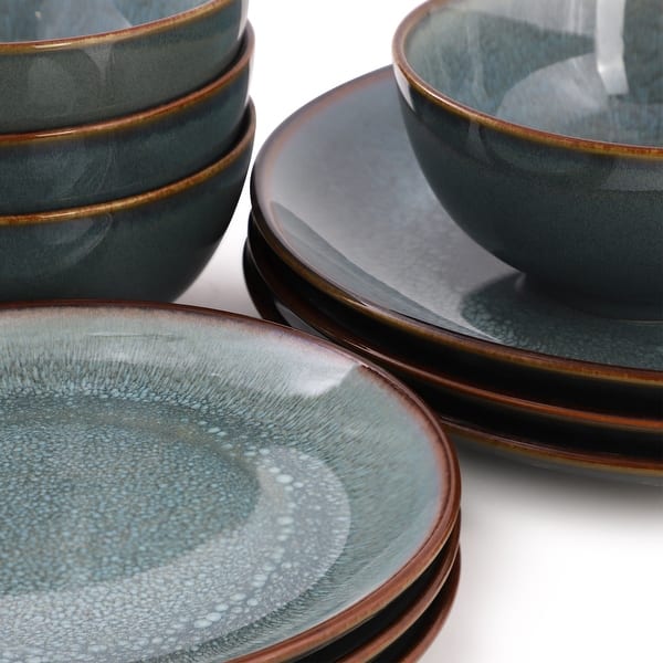 16 Piece Stoneware Dinnerware Set in Blue with Brown Rim, Service for 4 - Bed Bath & Beyond