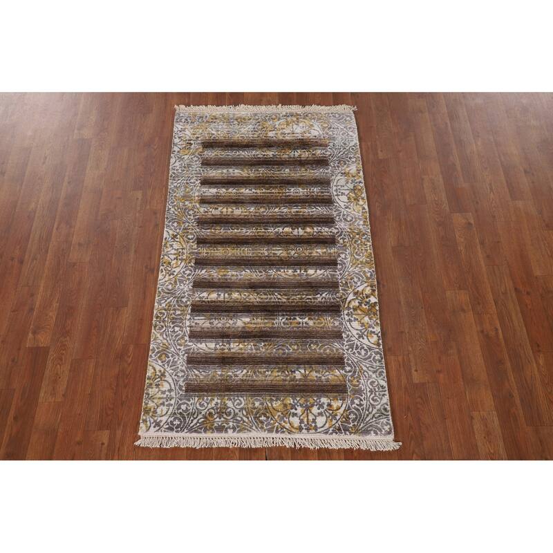 Striped Indo Abstract Oriental Accent Rug Handmade Wool Carpet - 2'8"x 4'10"