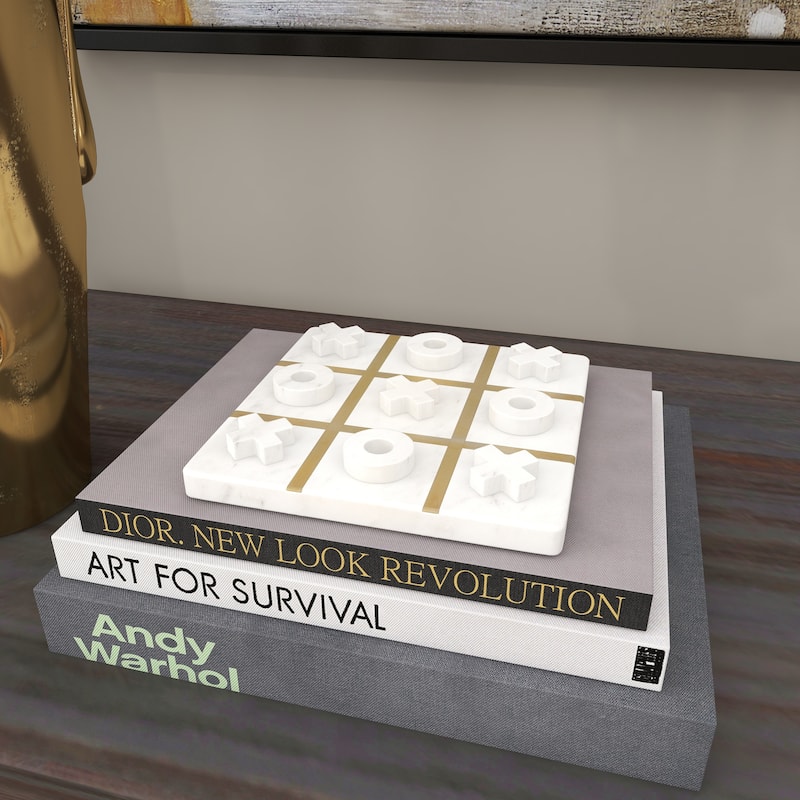 White or Black Marble Tic Tac Toe Game Set with Gold Inlay and Wood Pieces