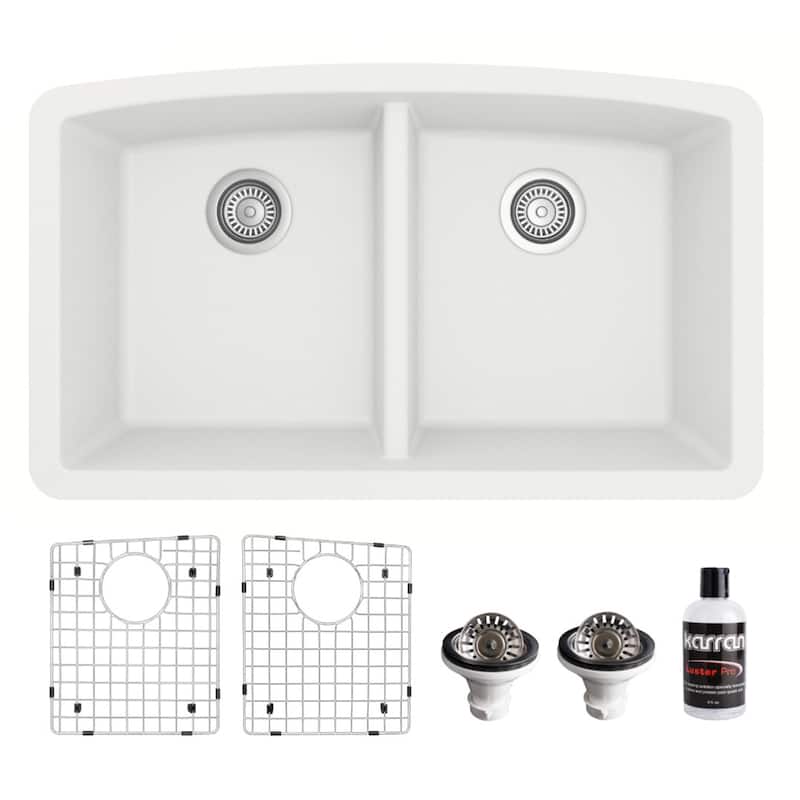Karran Undermount Quartz 32 in. 50/50 Double Bowl Kitchen Sink Kit - White