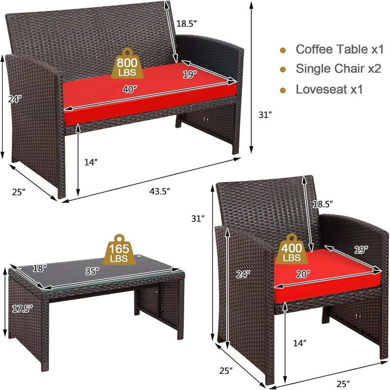 4 PCS Outdoor Rattan Furniture Set w/ Cushioned Chair & Coffee Table