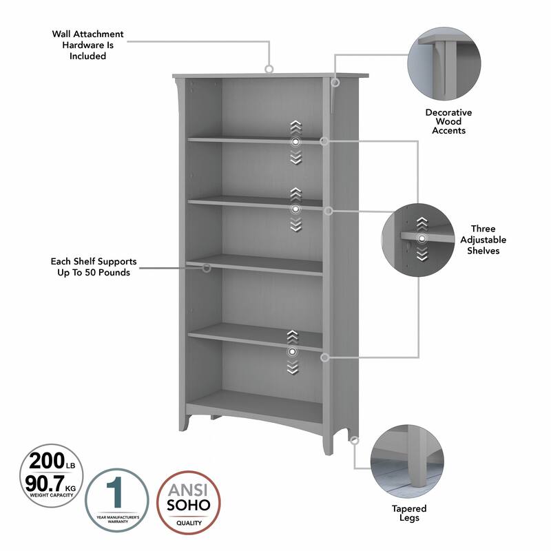 Bush Furniture Salinas Tall 5 Shelf Bookcase with Adjustable Shelves