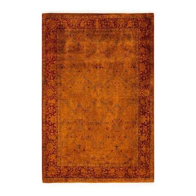 Overton Hand Knotted Wool Vintage Inspired Modern Contemporary Overdyed Orange Area Rug - 4' 1" x 6' 2"