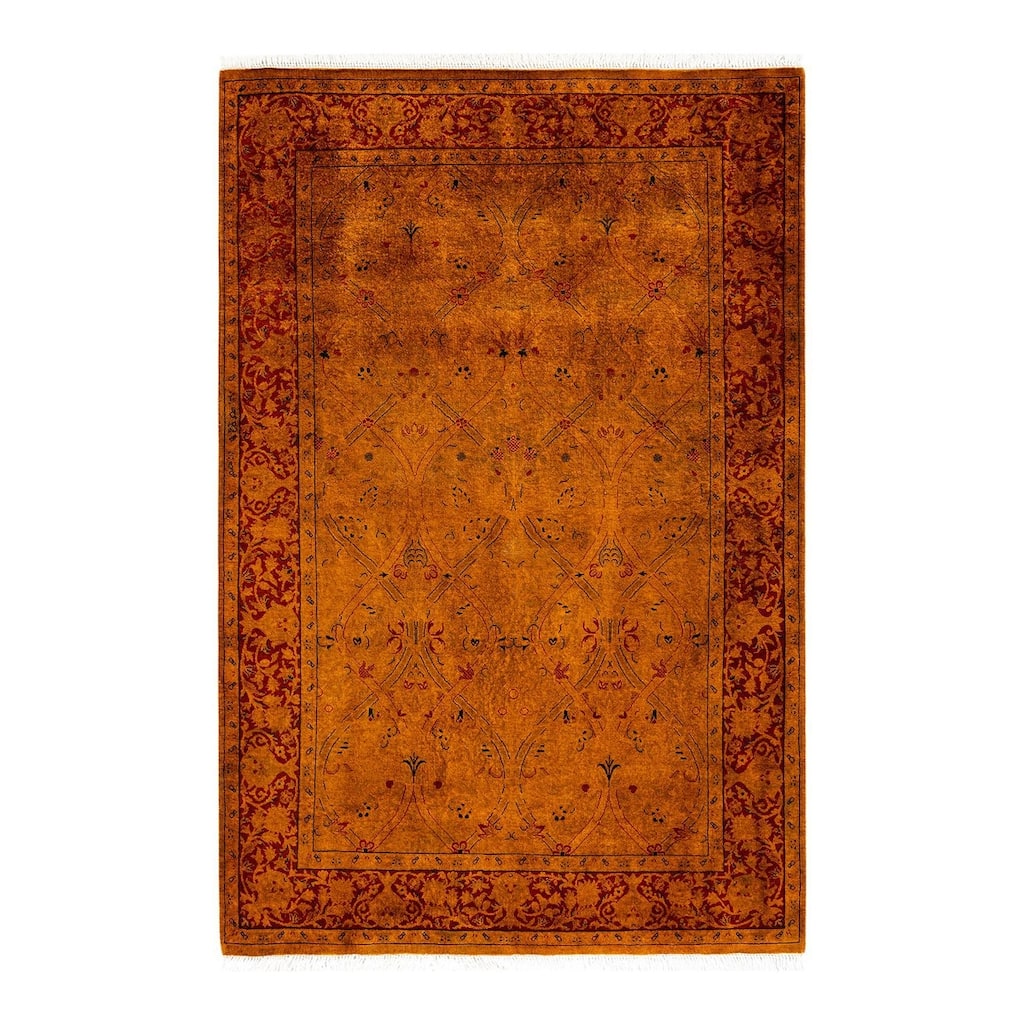Overton Hand Knotted Wool Vintage Inspired Modern Contemporary Overdyed Orange Area Rug - 4' 1" x 6' 2"