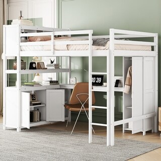 White Full Size Pine Wood Loft Bed with Cabinet, Bookshelf, Wardrobe, and Desk