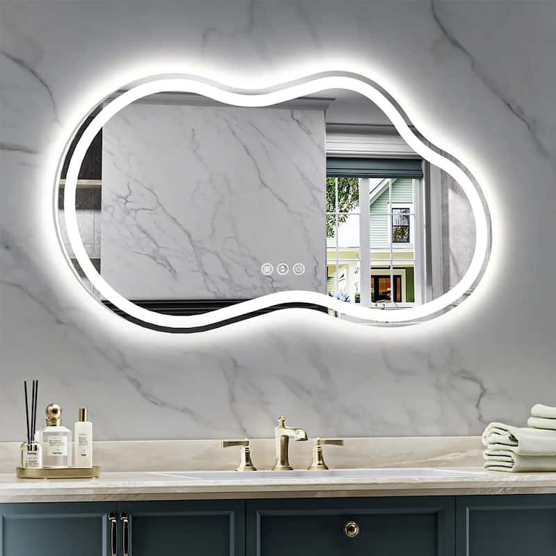 Irregular Front & Back LED Lighted Anti-fog Tempered Glass Wall Bathroom Vanity Mirror, ETL Certified, 3-Year Warranty - 48"x27"