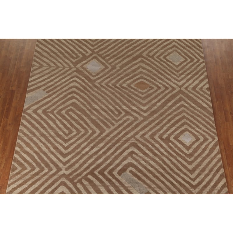 Geometric Modern Area Rug Hand-Knotted Oriental Wool Carpet - 8'11" x 11'8"