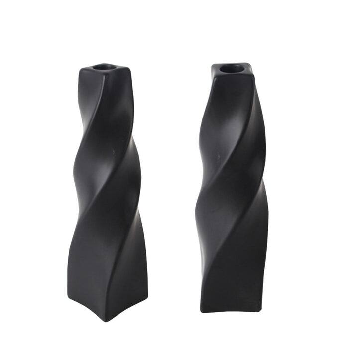Black Tall Curvy Taper Candlesticks Set of Two Ceramic Decor - Black