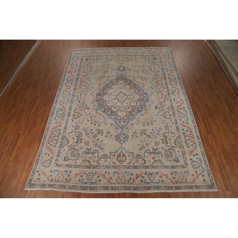 Geometric Beige Tabriz Persian Area Rug Hand-Knotted Wool Carpet - 9'8"x 13'4"