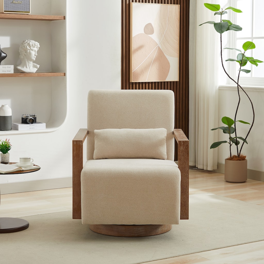 Swivel Modern Upholstered Accent Chair with Solid Wood Armrests and 360 Degree Comfy Lounge Reading Chair