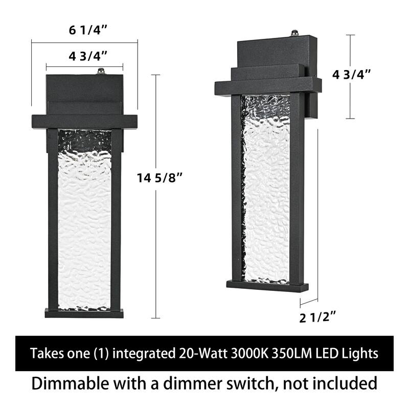 15 in. Sand Black Dusk to Dawn LED Outdoor Hardwired Wall Sconce with Water Wave Glass - Dimmable, 2700K, Wet Rated