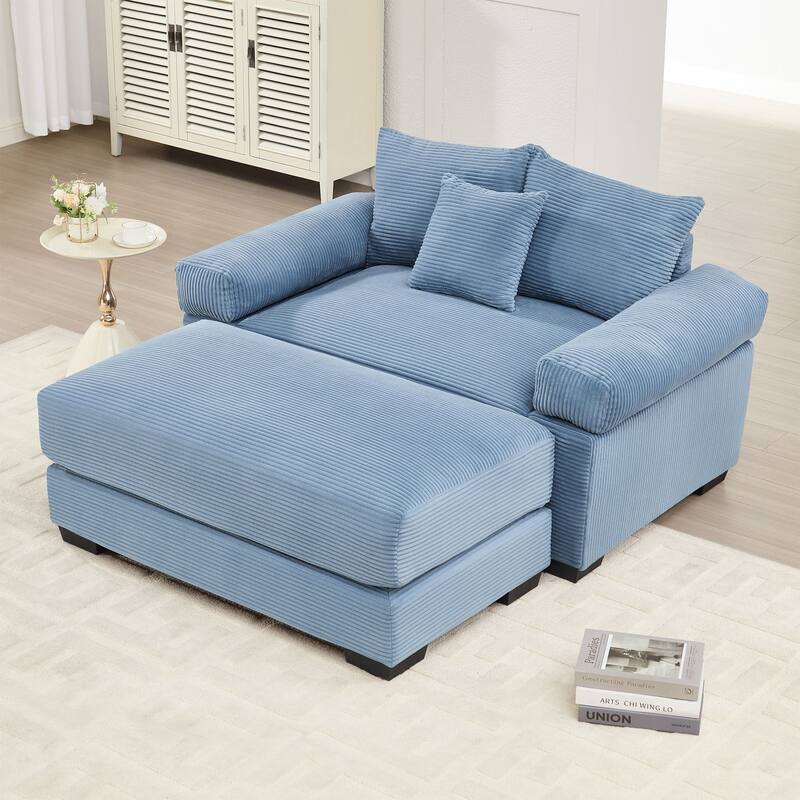 Rossetta Modern 54.3" Oversized Soft Cloud Corduroy Upholstery Extra-Thick Armrests Couch with Throw Pillows, 1 Movable Ottoman