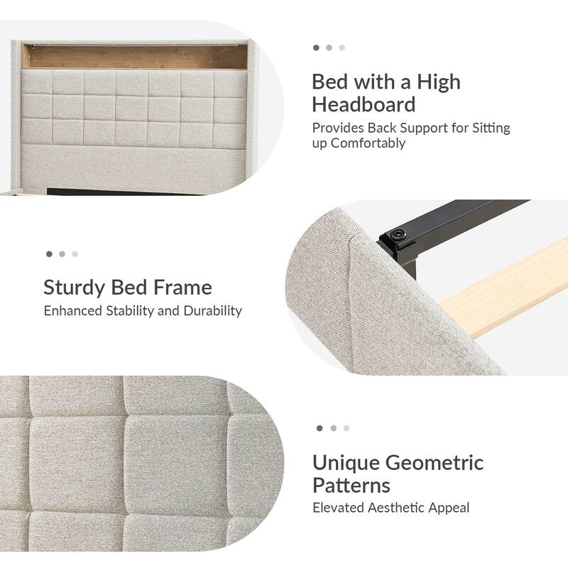 Celia Modern 61.5" Geometric Pattern Bed with Storage Headboard and Warm Night Light by HULALA HOME