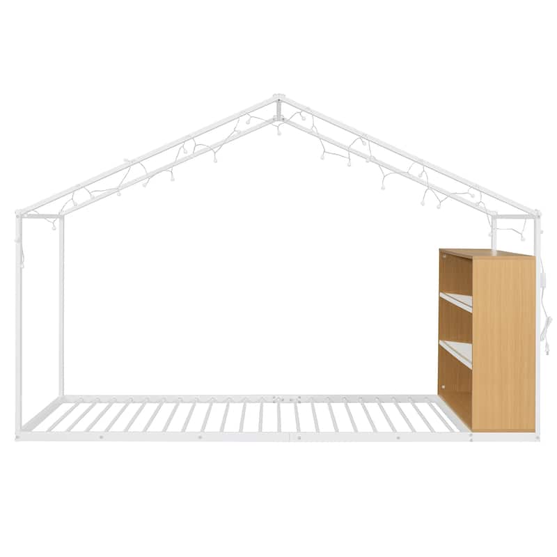 Twin Size Metal Bed House Bed Frame with Shelves and Lights, White