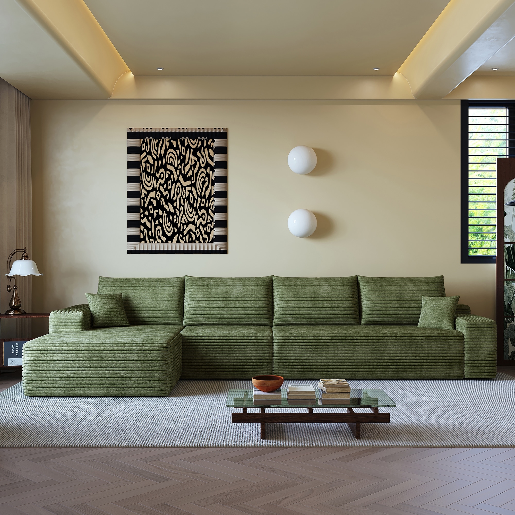 Plush Corduroy Upholstered L-shaped Sectional Sofa with Chaise, Modular Deep Seat Couch with Pillows for Living Room