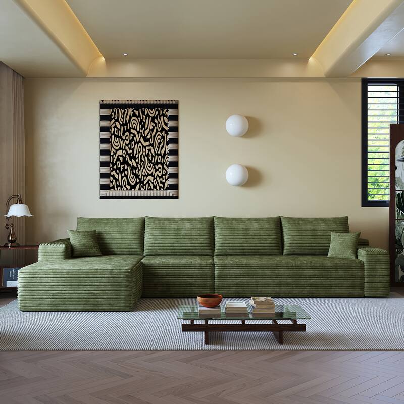 Plush Corduroy Upholstered L-shaped Sectional Sofa with Chaise, Modular Deep Seat Couch with Pillows for Living Room - Green