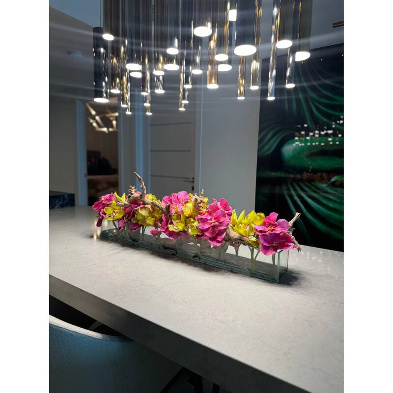 Casa Moderna Glass Planter With Pink Vandas And Green Cymbidiums - 36"L x 8"H x 8"D