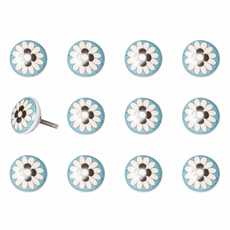 Floral White And Sky Blue Set Of 12 Knobs