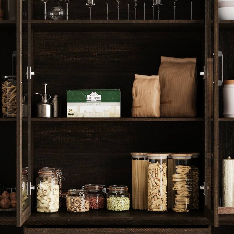 61.8" W Kitchen Pantry Cabinet, Freestanding Cupboard with Glass Doors