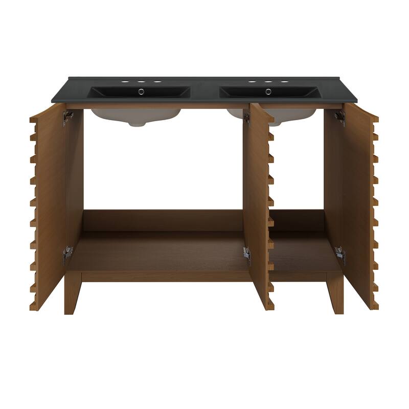 Cascade 48 In. Brown Oak, Double Basin Bathroom Vanity With Black, 3-Hole Ceramic Sink Top
