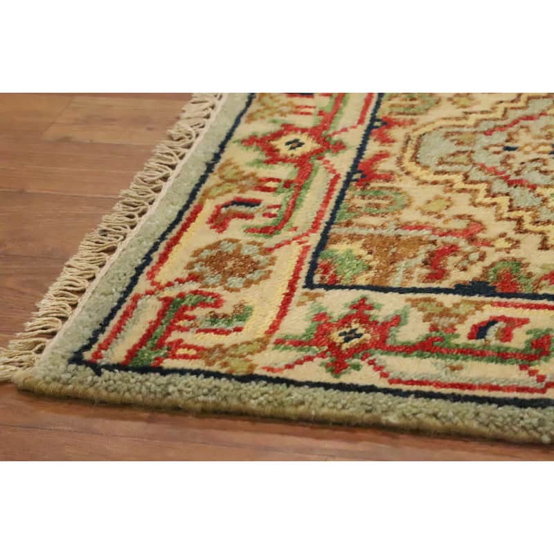 Hand Knotted Oriental 100% Wool Carpet Traditional Medallion Green Heriz (serapi) Area Rug - 3' 0'' X 2' 0''