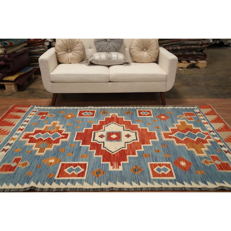 Hand Woven Oriental 100% Wool Carpet Southwestern Tribal Navy Blue & Blues Kilim Area Rug - 8' 2'' X 4' 11''