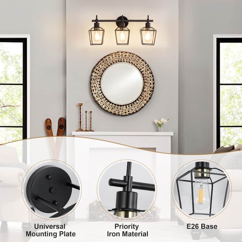 Vintage Matte Black Bathroom Vanity Light Farmhouse Wall Sconce with Cage