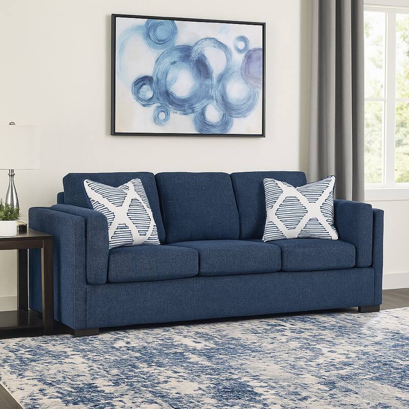 Marcy Sofa with 2 Accent Throw Pillows, Navy Blue Polyester 89 Inch