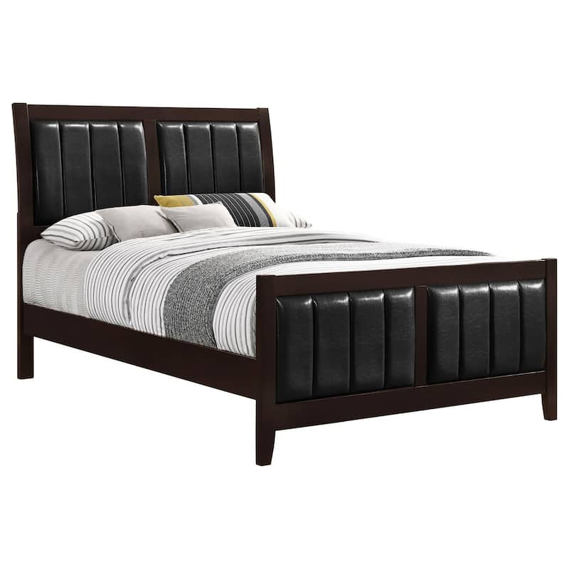 Modern Channeled Leatherette Panel Bed with Tapered Legs in Black and Cappuccino