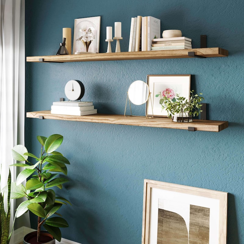 Wallniture Forte 60 Inch Long Bookshelf, Floating Shelf for Wall Decor, 9.25" & 11.25" Depth Options, Farmhouse, Burnt, 2 Pcs