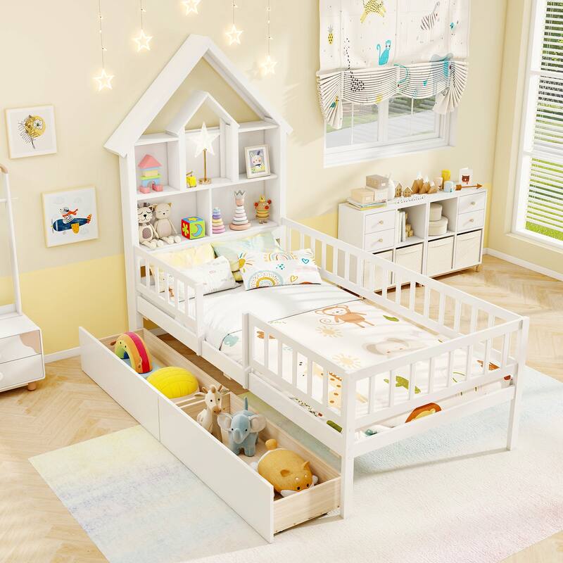 Gymax Twin Size House Bed w/ 2 Drawers Kids Montessori Bed w/ Storage