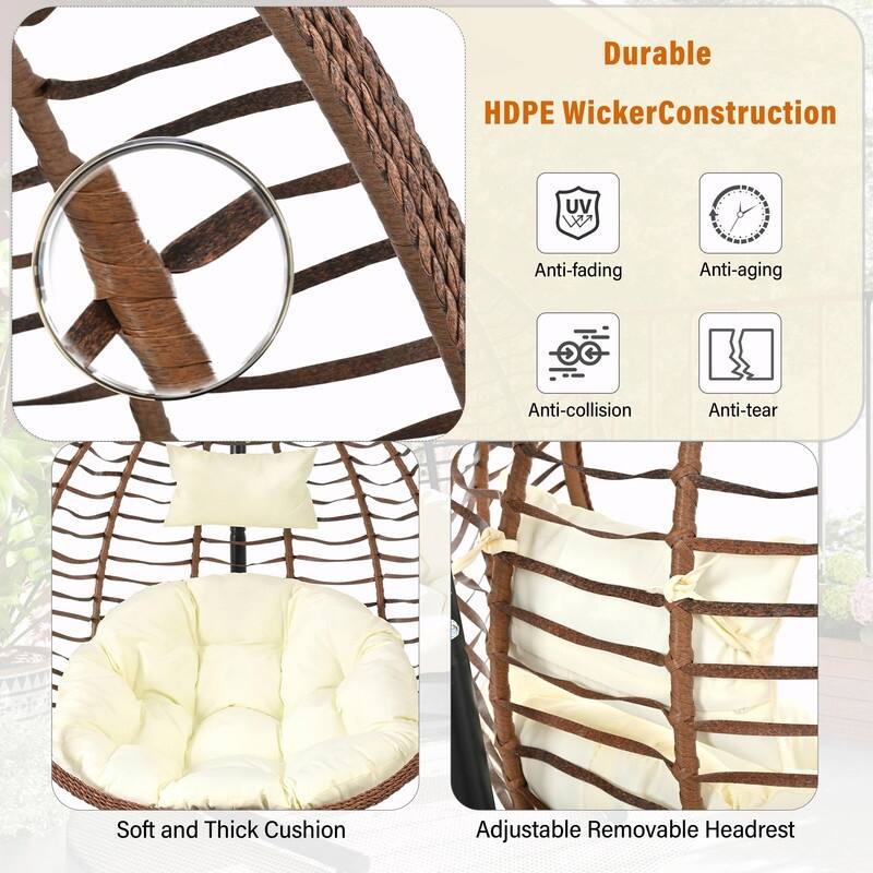 Indoor Outdoor Hanging Hammock Chair with Stand, Foldable Rattan Egg Swing Chair with Cushion & Headrest