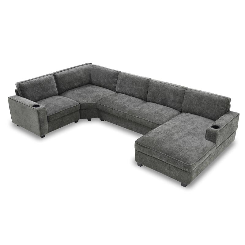 119*67" U Shaped 6 Seat Chenille Sectional Sofa with Chaise and Cup Holders, Gray