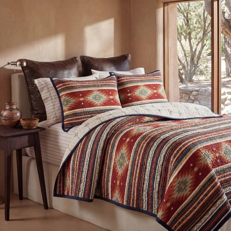 Paseo Road Del Sol Aztec Western Bedding 3 Piece Reversible Quilt Set with Pillow Shams