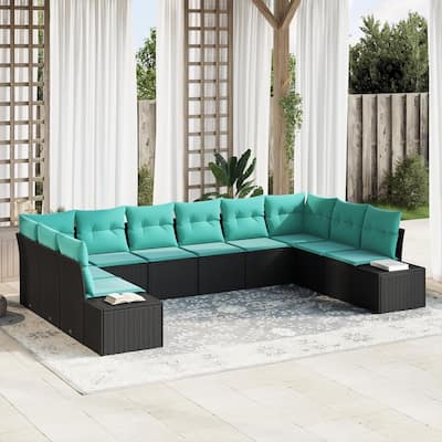 vidaXL 11 Garden Sofa Set with Cushions Black Poly Rattan - 135.4 x 82.3 x 27.2