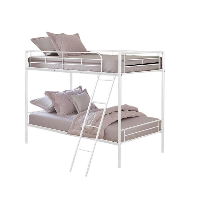 Cet Twin Over Twin Bunk Bed, White Metal Frame, Attached Angled Ladder