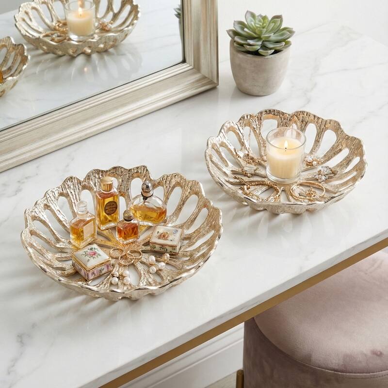 Decorative Bowl with Openwork Flower Design - Set of 2, 12", 14", Gold - 14.0"